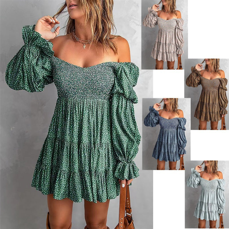 Damen Off-Shoulder Minikleid mit Smok-Oberteil, Volantstufen und gerafften Ballonärmeln Drune