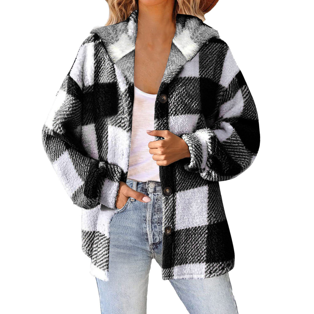 Damen nan kuschelige karierte Teddyjacke mit Kapuze, Knopfverschluss und oversized Schnitt Drune