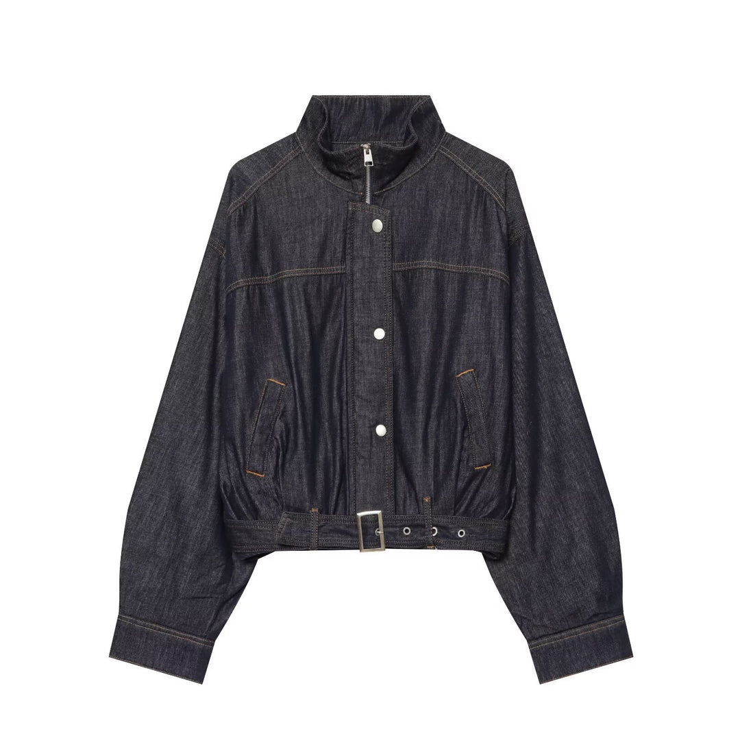 Damen Jeans-Cropped-Blouson mit Taillengürtel und hohem Stehkragen Drune