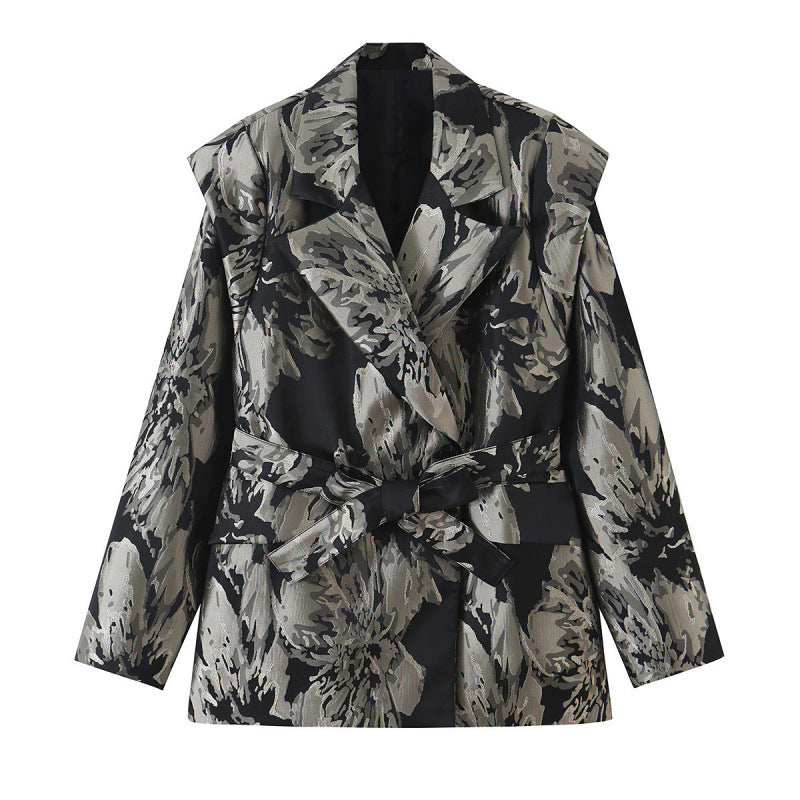 Damen Jacquard‑Blazer mit floralem Jacquardmuster, breitem Revers und Bindegürtel Drune