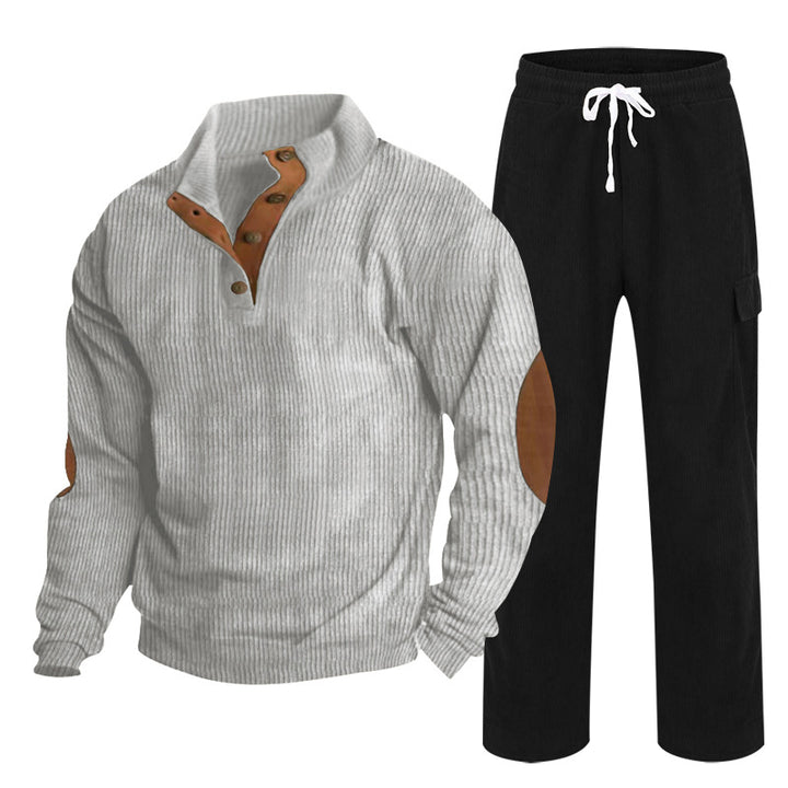 Herren Gemütliches Freizeit-Set aus Waffelstrick-Henley mit Ellenbogenpatch und Relax-Cargo-Hose Drune
