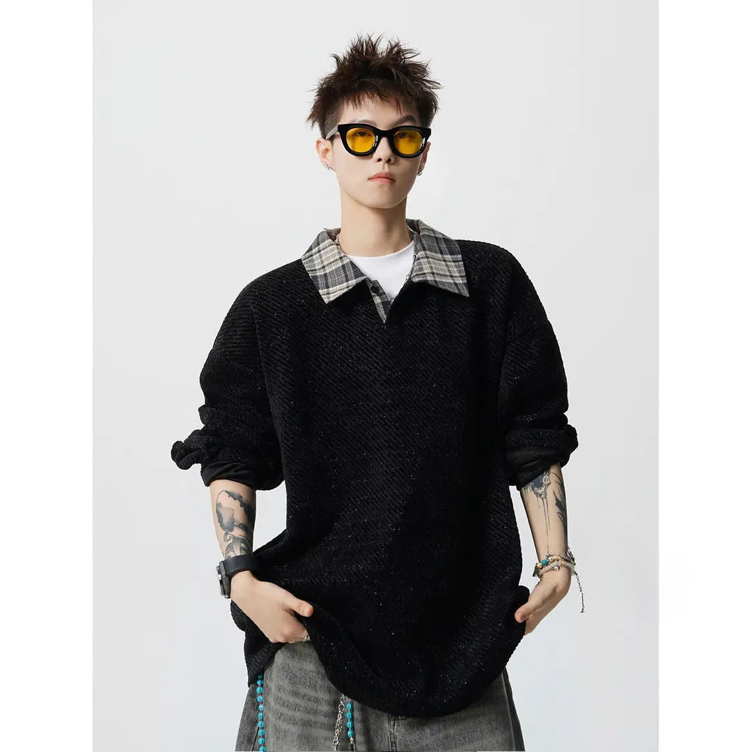Herren Oversize Strukturiertes Sweatshirt mit Polokragen und diagonaler Strickstruktur Drune