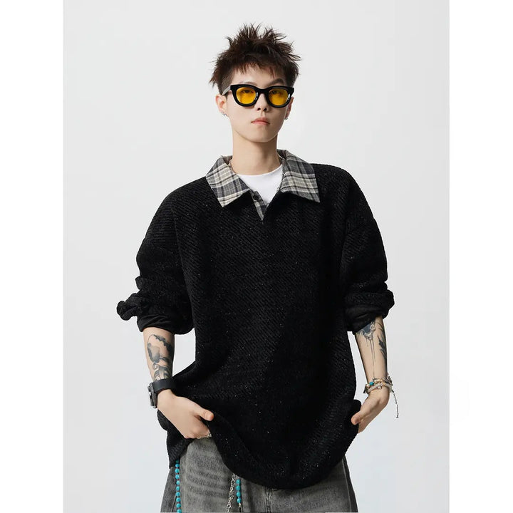 Herren Oversize Strukturiertes Sweatshirt mit Polokragen und diagonaler Strickstruktur Drune