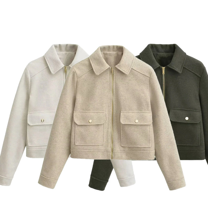 Damen nan boxy Wollblend Shacket mit verdecktem Metallreißverschluss, Hemdkragen und aufgesetzten Pattentaschen Drune