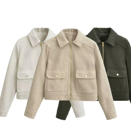 Damen nan boxy Wollblend Shacket mit verdecktem Metallreißverschluss, Hemdkragen und aufgesetzten Pattentaschen Drune