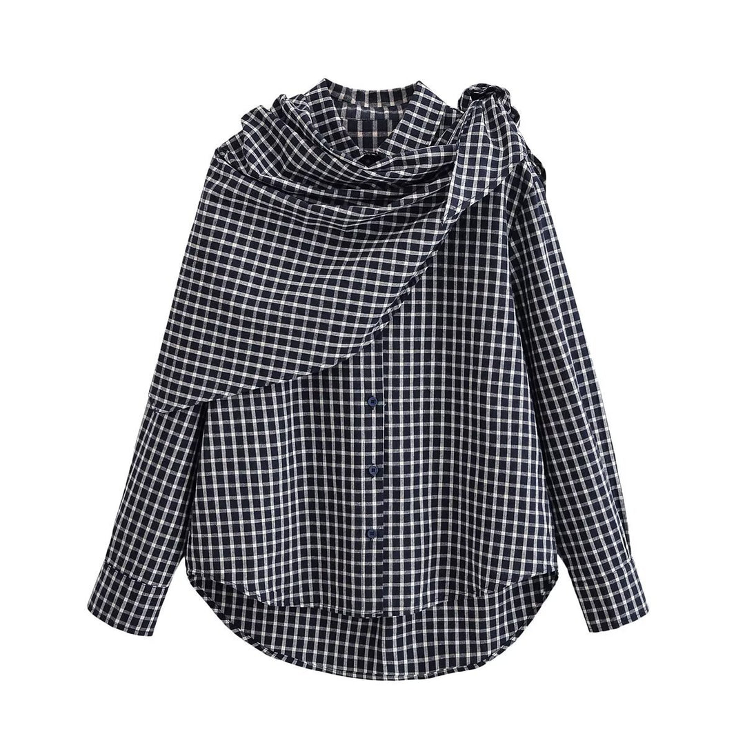 Damen Asymmetrische Karo-Hemdbluse mit integriertem Schal-Tuch und Knopfleiste Drune