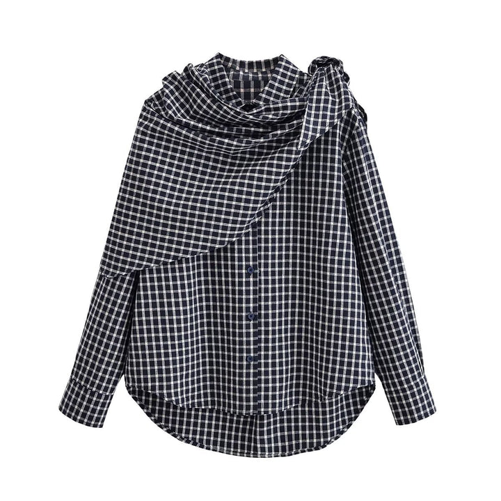 Damen Asymmetrische Karo-Hemdbluse mit integriertem Schal-Tuch und Knopfleiste Drune
