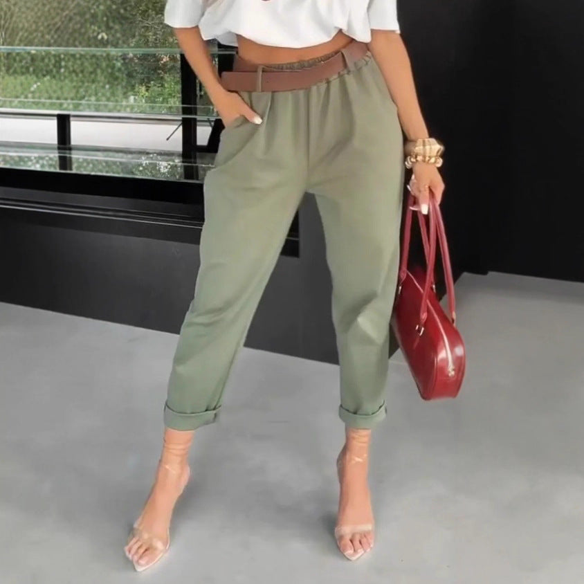 Damen nan hochtaillierte Paperbag-Hose mit gerafftem Bund, Eingrifftaschen und gekrempeltem Saum Drune