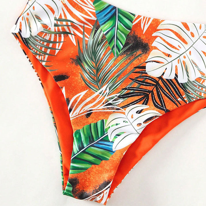 Damen Bandeau-Bikini mit lebhaftem Tropenmuster und hohem Taillenschnitt Drune