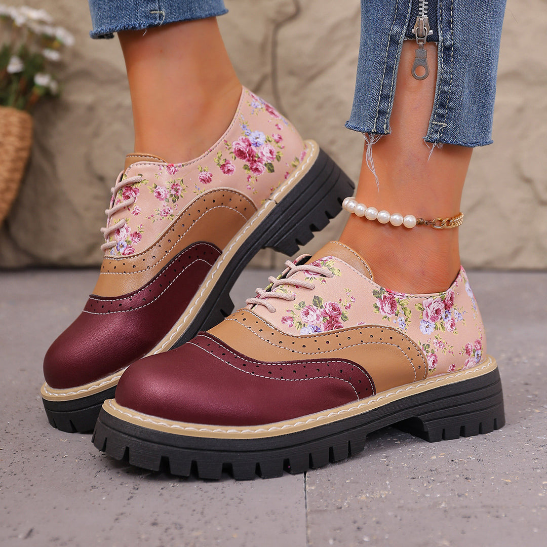 Damen florale Brogue-Schnürschuhe mit mehrlagigem Materialmix und profilierter Gummisohle Drune