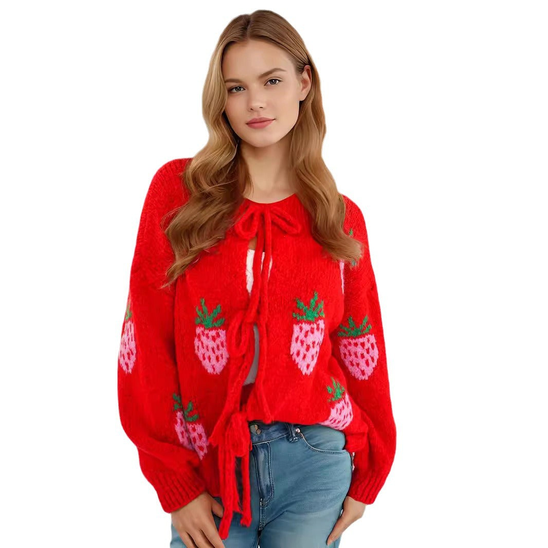 Damen Strickpullover mit zauberhaftem Erdbeermotiv und ballonen Ärmeln Drune