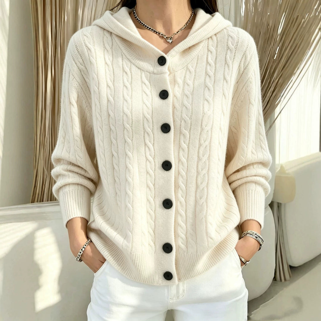 Damen Kapuzen-Cardigan mit Zopfmuster und durchgehender Knopfleiste Drune