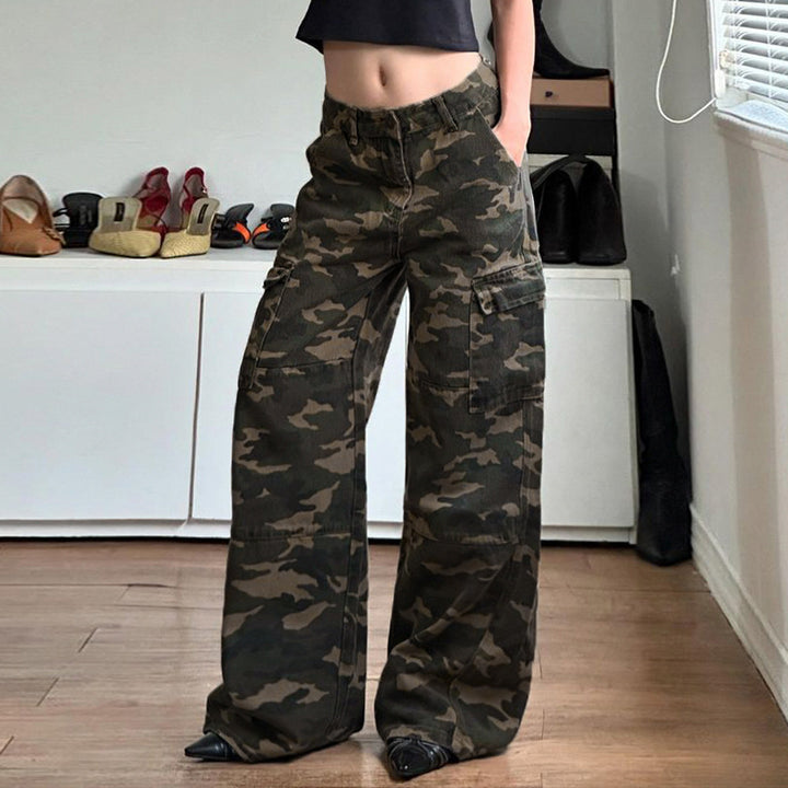 Damen nan weite Cargo-Hose mit Camouflage-Print, hoher Taille und mehreren aufgesetzten Beintaschen Drune