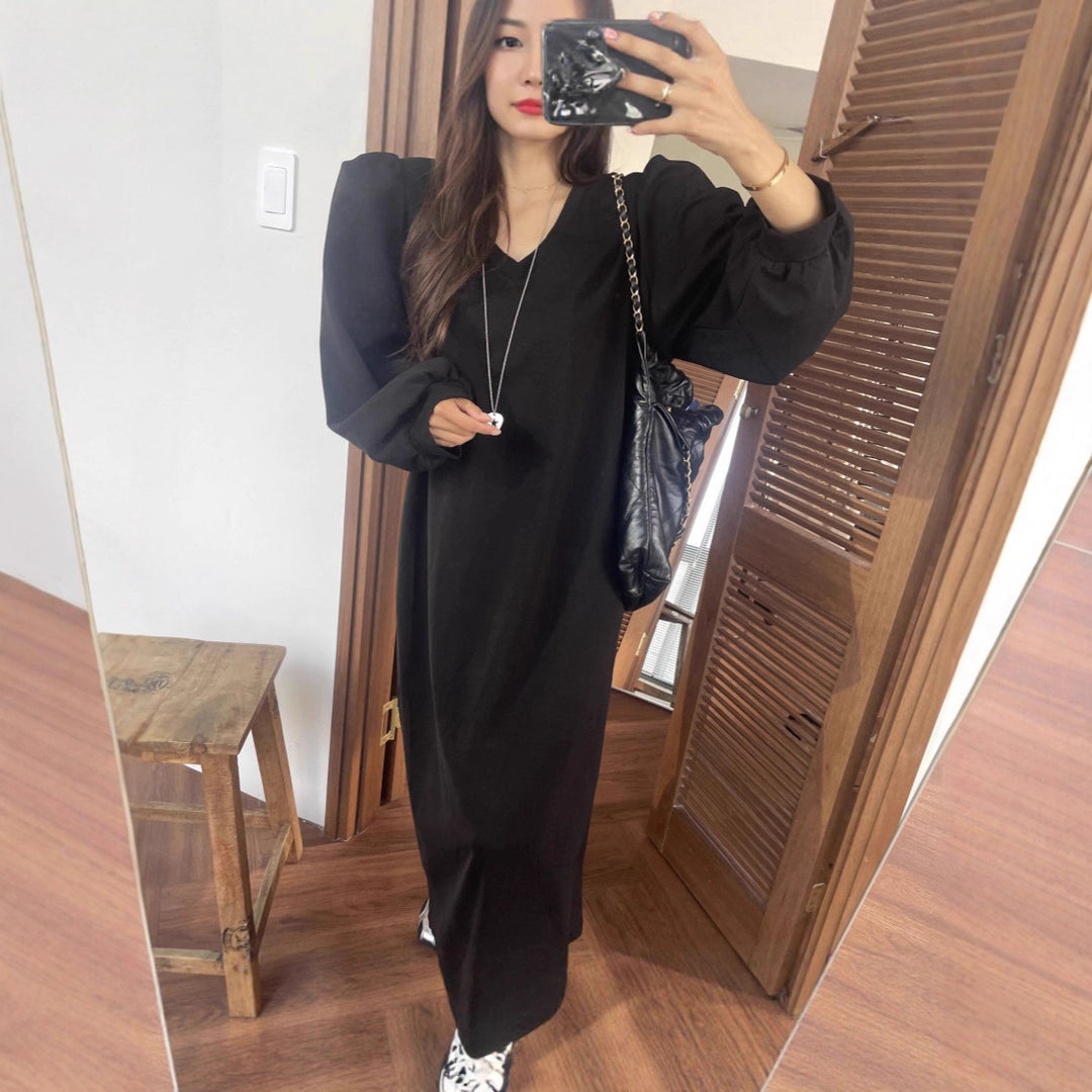 Damen Lässiges Maxi‑Sweatkleid mit V‑Ausschnitt, voluminösen Ballonärmeln und geradem Saum Drune