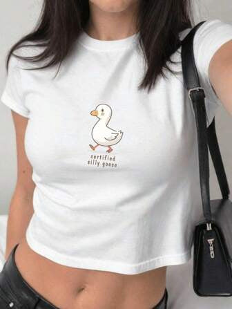 Damen figurbetontes Kurzarm-T-Shirt mit verspieltem Aufdruck Drune