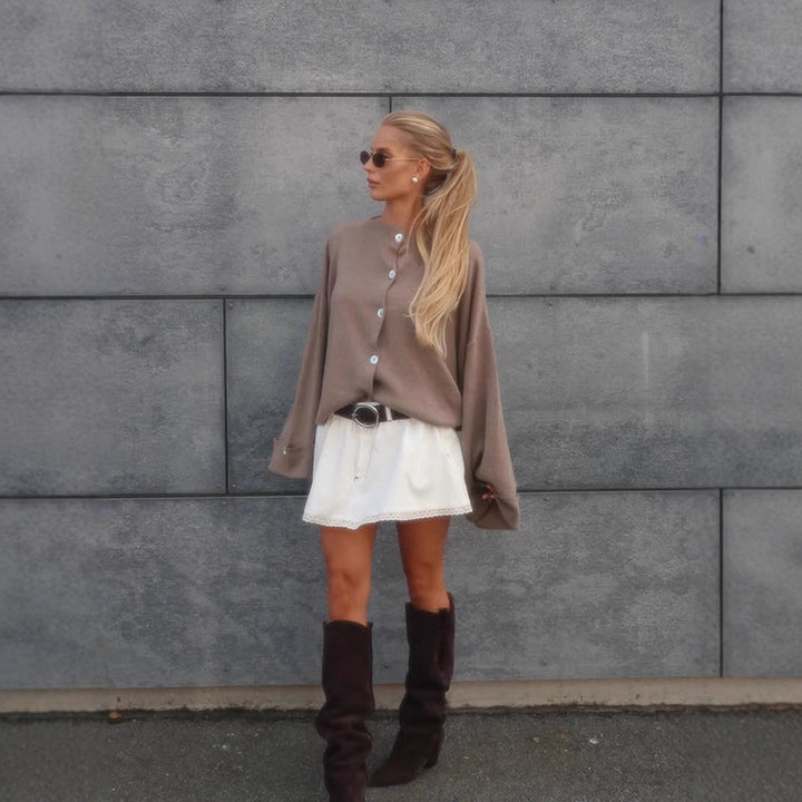 Damen Oversize Cropped-Jacke mit weiten Trompetenärmeln und Knopfmanschetten Drune