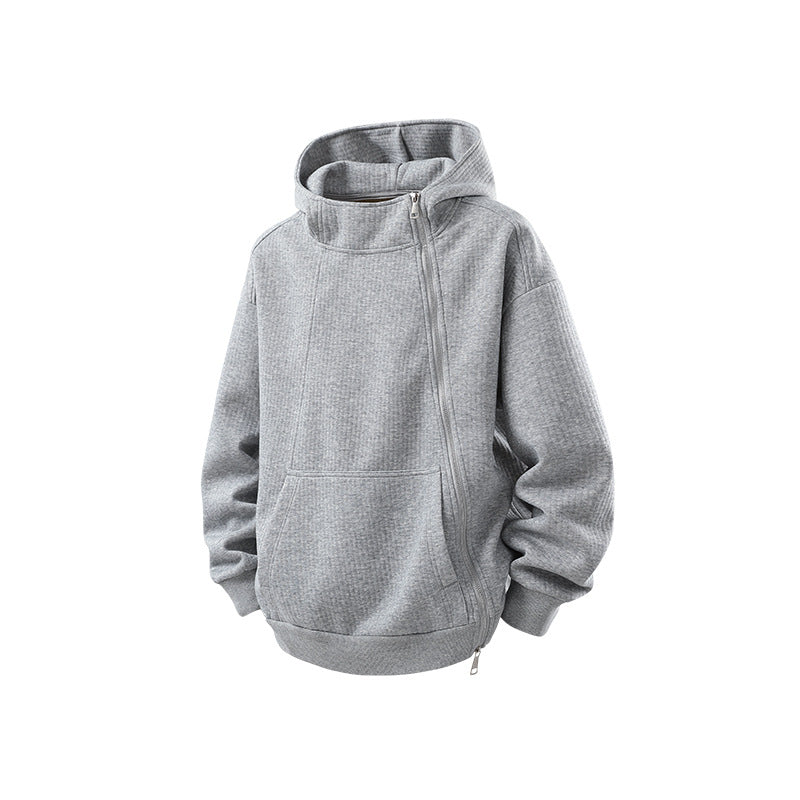 Unisex Asymmetrischer Kapuzenpullover mit hohem Kragen, diagonalem Reißverschluss und Kängurutasche Drune