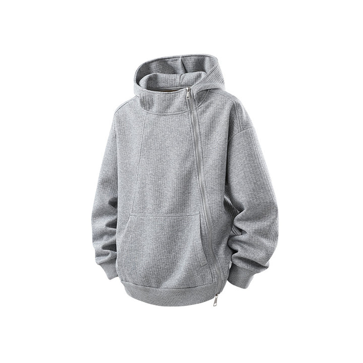 Unisex Asymmetrischer Kapuzenpullover mit hohem Kragen, diagonalem Reißverschluss und Kängurutasche Drune