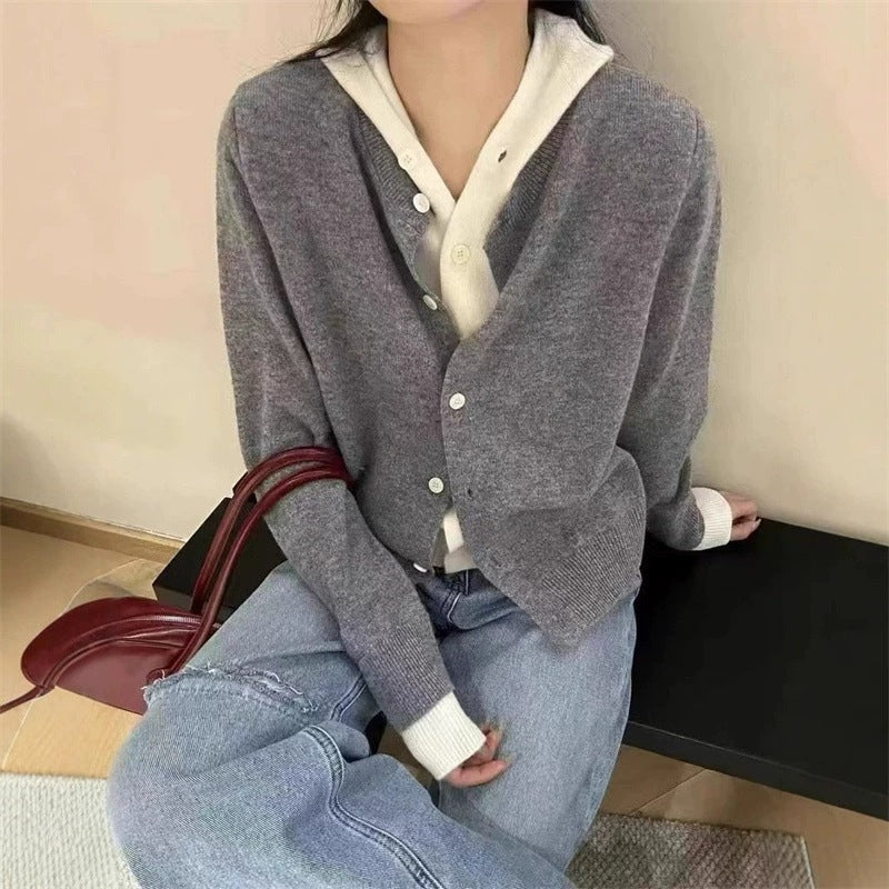 Damen Kuschelige Strickjacke mit kontrastierendem V-Ausschnitt und Knopfdetails Drune