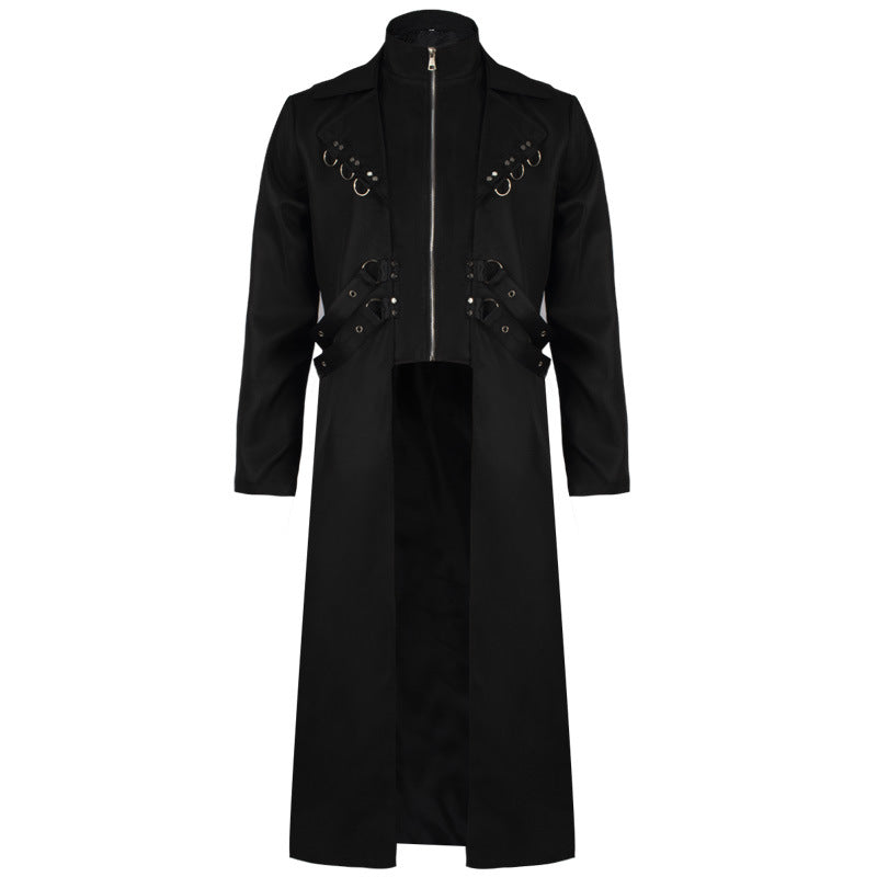 Herren nan langer Gothic-Mantel mit integrierter Reißverschluss-Innenjacke, Ziergurten und D‑Ring-Applikationen Drune