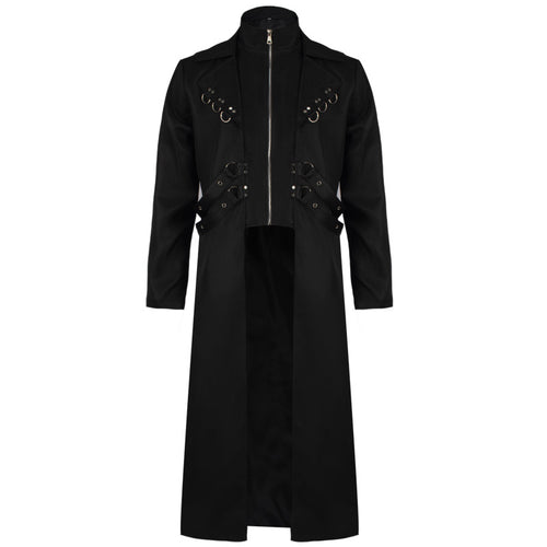 Herren nan langer Gothic-Mantel mit integrierter Reißverschluss-Innenjacke, Ziergurten und D‑Ring-Applikationen Drune