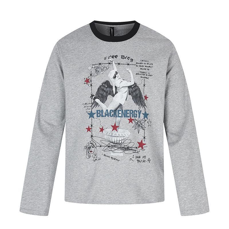 Damen Langarmshirt mit Vintage-Illustration, Kontrastkragen und Relaxed-Fit Drune