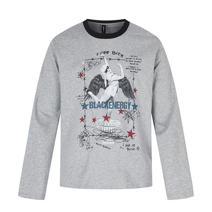 Damen Langarmshirt mit Vintage-Illustration, Kontrastkragen und Relaxed-Fit Drune