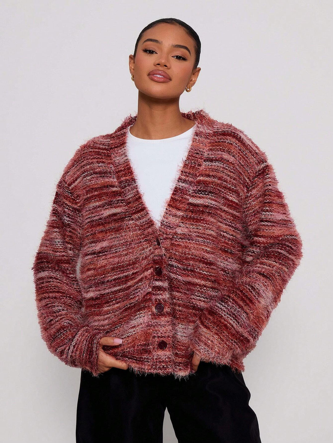 Damen Oversize-Flauschpullover mit weitem Carmen‑Ausschnitt und melierter Strickstruktur Drune