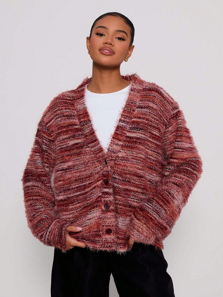 Damen Oversize-Flauschpullover mit weitem Carmen‑Ausschnitt und melierter Strickstruktur Drune