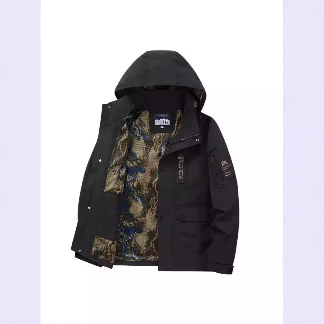 Herren Kapuzen-Fieldjacke mit Camouflage-Netzfutter und wasserabweisender Utility-Außenlage Drune