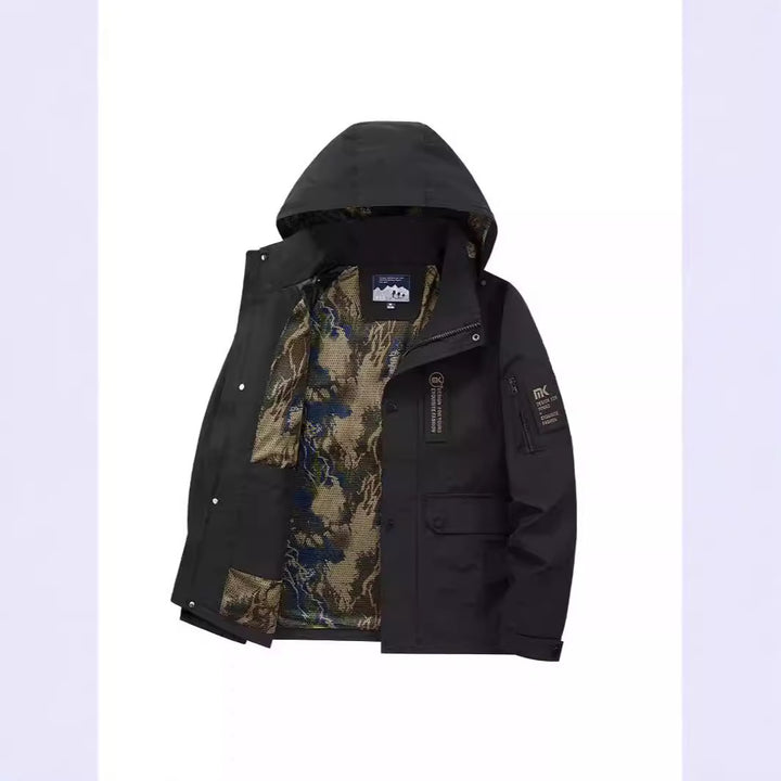Herren Kapuzen-Fieldjacke mit Camouflage-Netzfutter und wasserabweisender Utility-Außenlage Drune