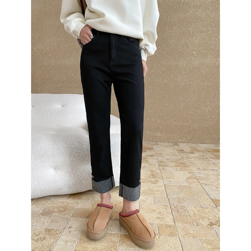 Damen Hoch taillierte Jeans mit umgeschlagenen Saum Drune