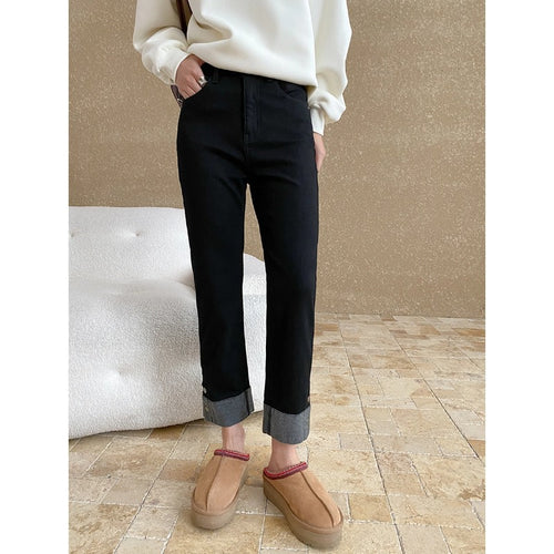 Damen Hoch taillierte Jeans mit umgeschlagenen Saum Drune