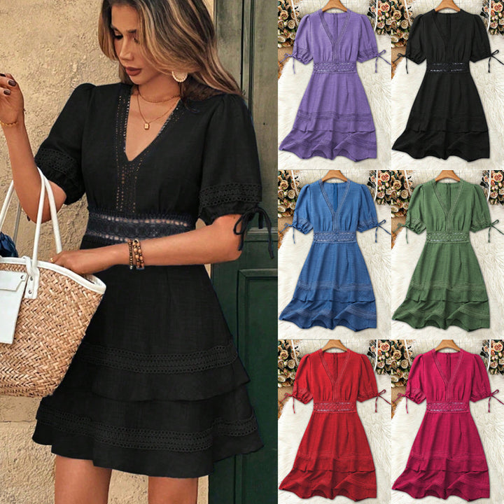 Damen Tailliertes Sommerkleid mit V-Ausschnitt und Häkelspitze Drune