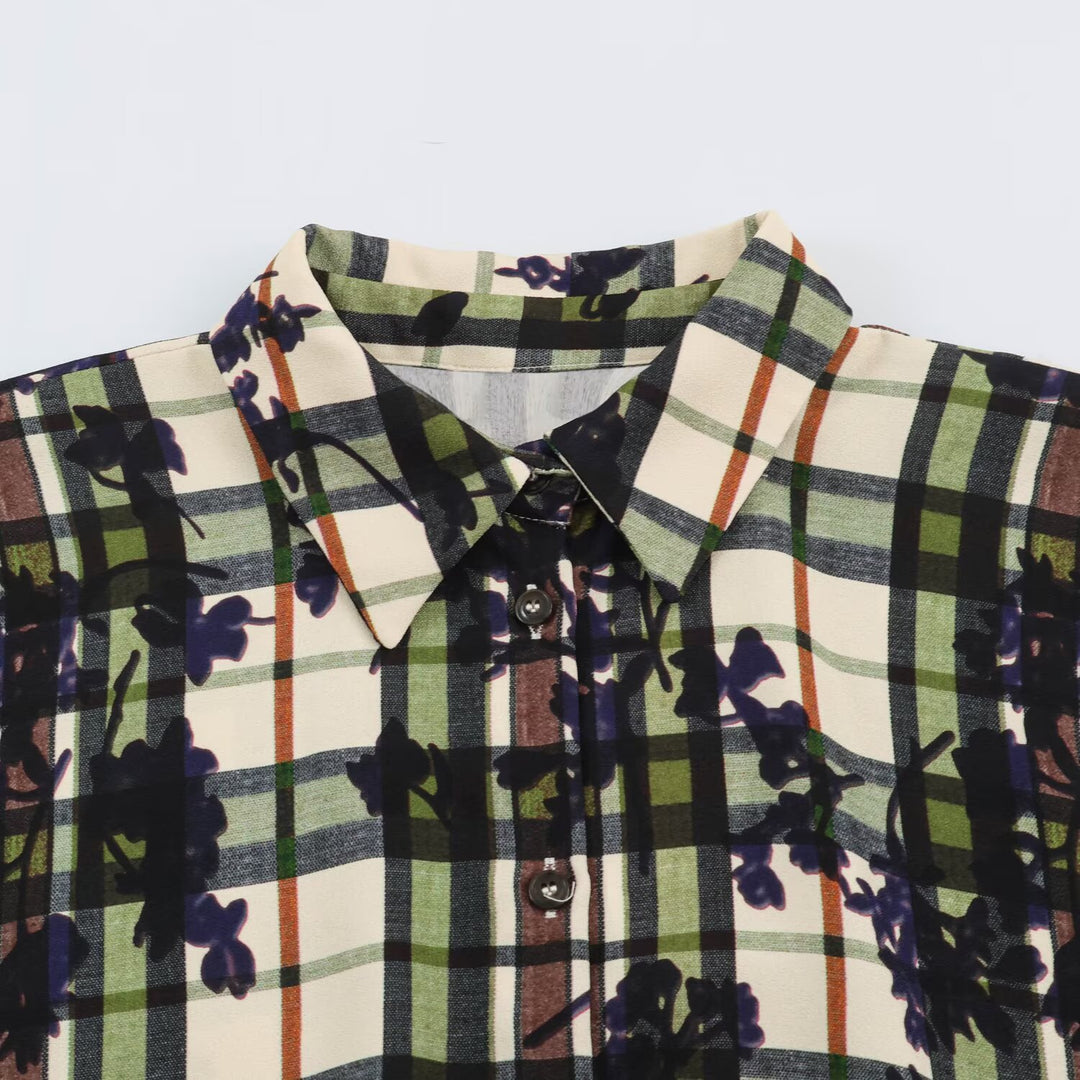 Damen Hemdblusenkleid mit Karomuster und Blumenprint samt taillierendem Gürtel Drune