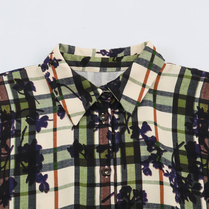 Damen Hemdblusenkleid mit Karomuster und Blumenprint samt taillierendem Gürtel Drune