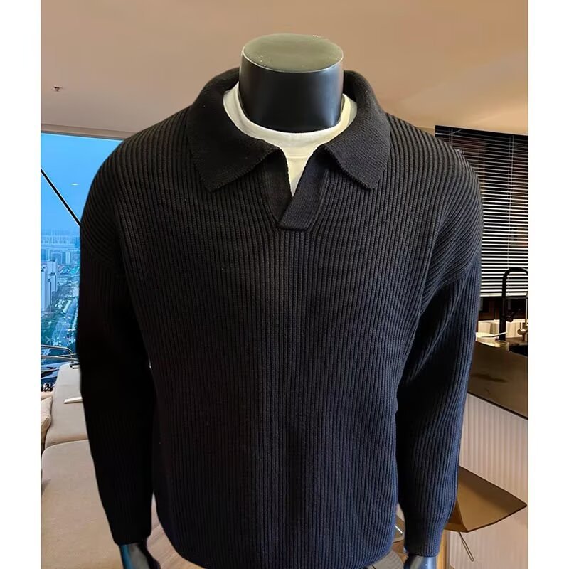 Herren Struktur-Strickpullover mit Polokragen und V‑Schlitz Drune