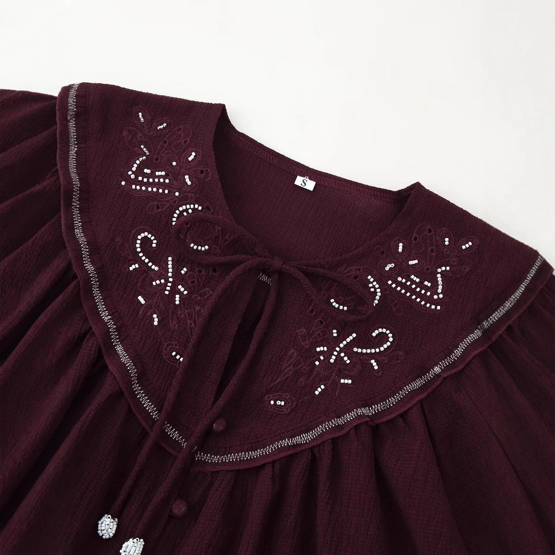 Damen nan bestickte Bluse mit übergroßem Kragen, Bindeschleife und geknöpfter Front Drune