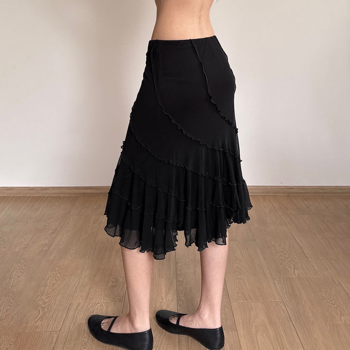 Damen Midirock aus Chiffon mit Lagen, asymmetrischen Nahtbahnen und Ziergürtel Drune