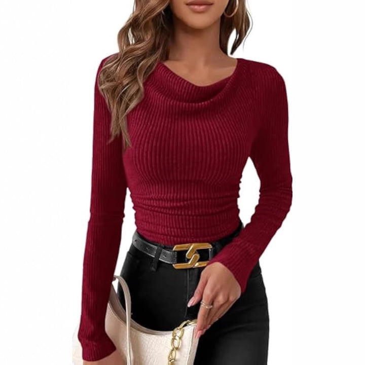 Damen Figurbetontes Feinripp-Longsleeve mit asymmetrischem Wasserfallkragen Drune