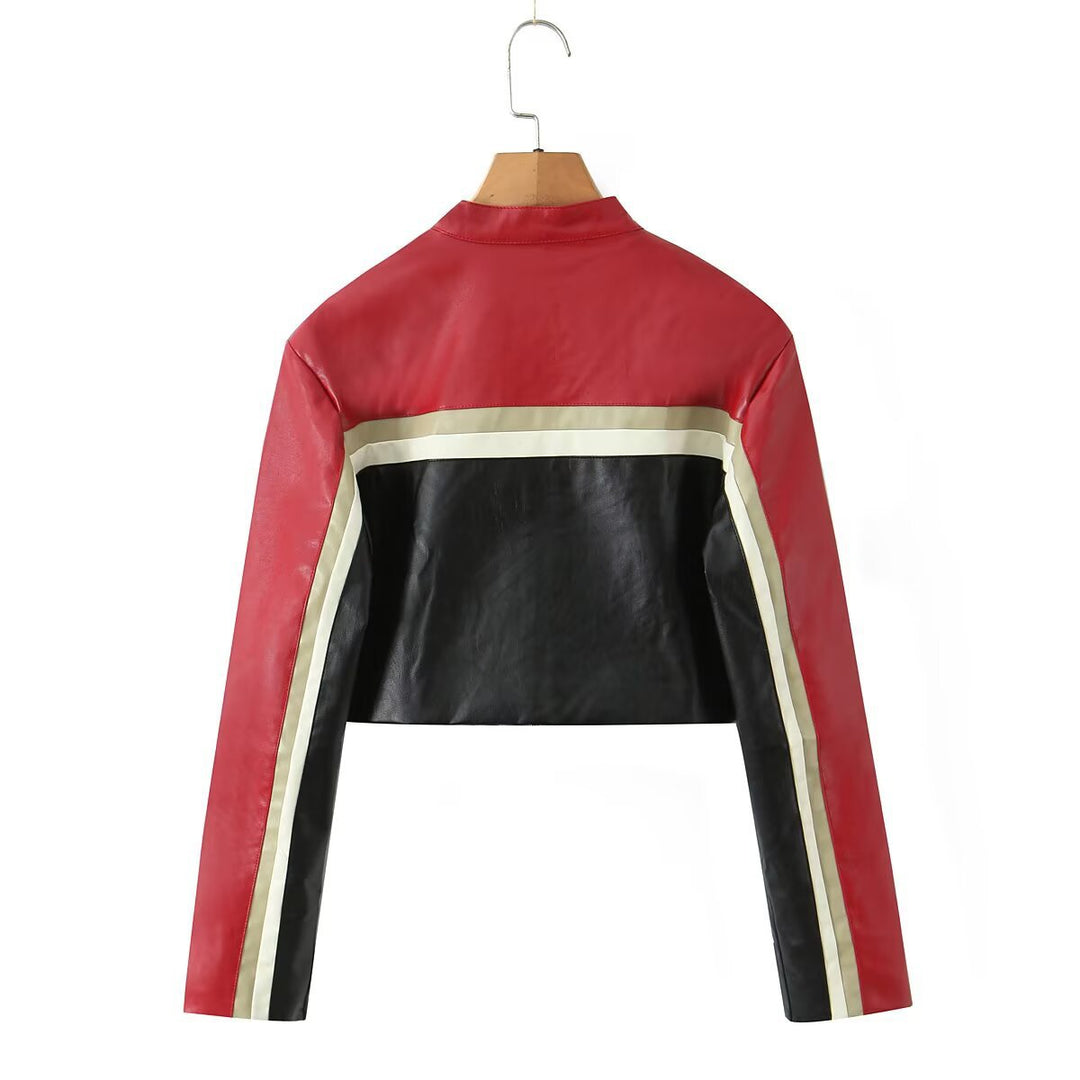 Damen Kunstlederjacke mit kontrastierenden Farbstreifen und Zipper-Details Drune