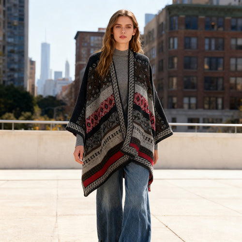 Damen Offenes Jacquard-Cape mit Paisley- und Ethno-Motiv Drune