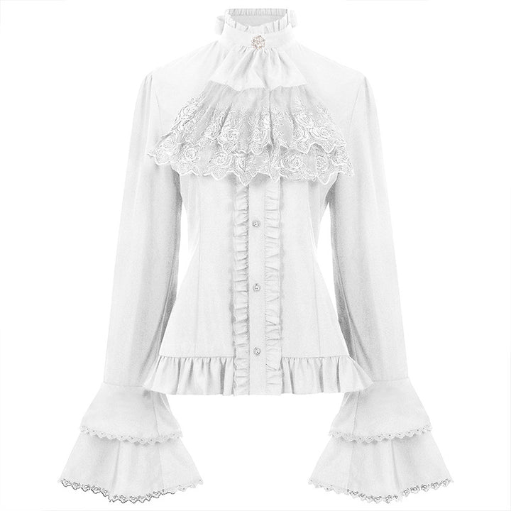 Damen nan viktorianische Spitzenbluse mit Volant-Jabot, tailliertem Schnitt und doppellagigen Glockenärmeln Drune