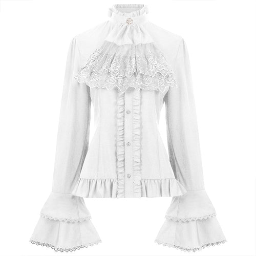 Damen nan viktorianische Spitzenbluse mit Volant-Jabot, tailliertem Schnitt und doppellagigen Glockenärmeln Drune