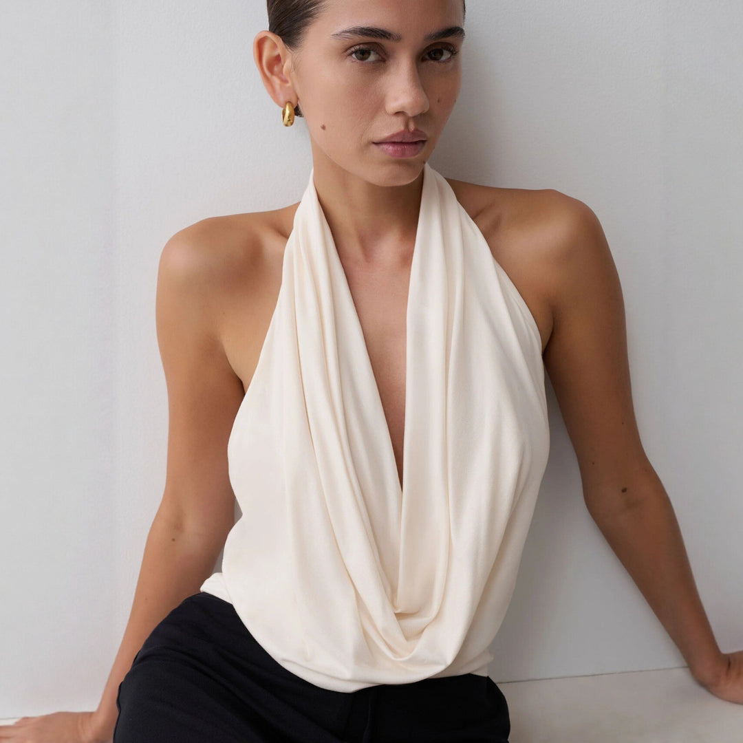 Damen Elegantes Halterneck-Top mit fließendem Stoff und tiefem Ausschnitt Drune