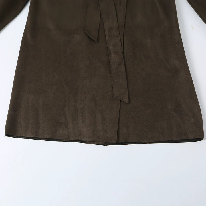 Damen Lang geschnittener Trenchcoat aus Velourslederoptik mit Bindegürtel Drune