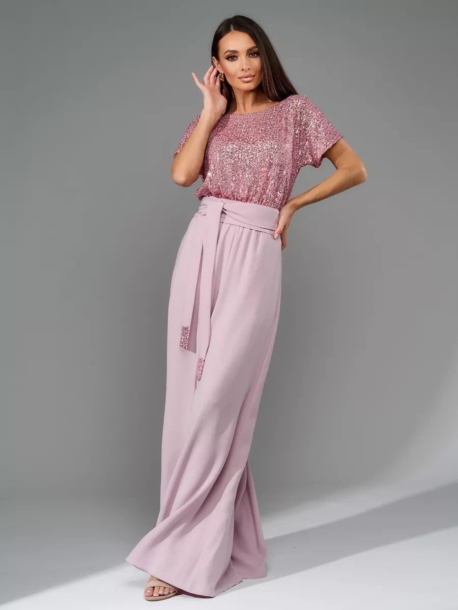 Damen Glitzernder Jumpsuit mit weitem Bein und Taillengürtel Drune