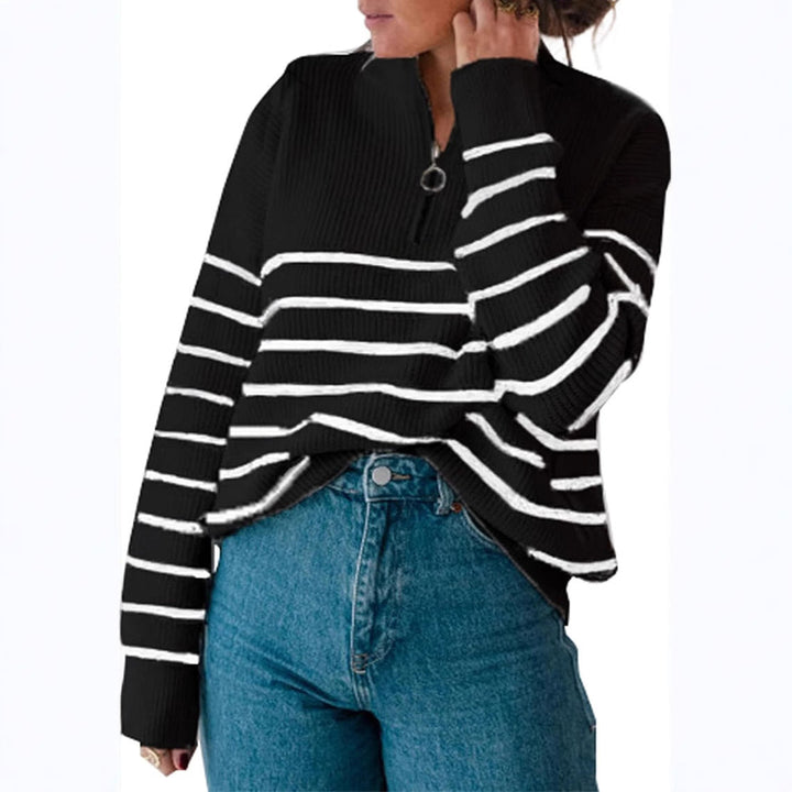 Damen lässiger Pullover mit kurzem Reißverschluss und Streifenmuster Drune