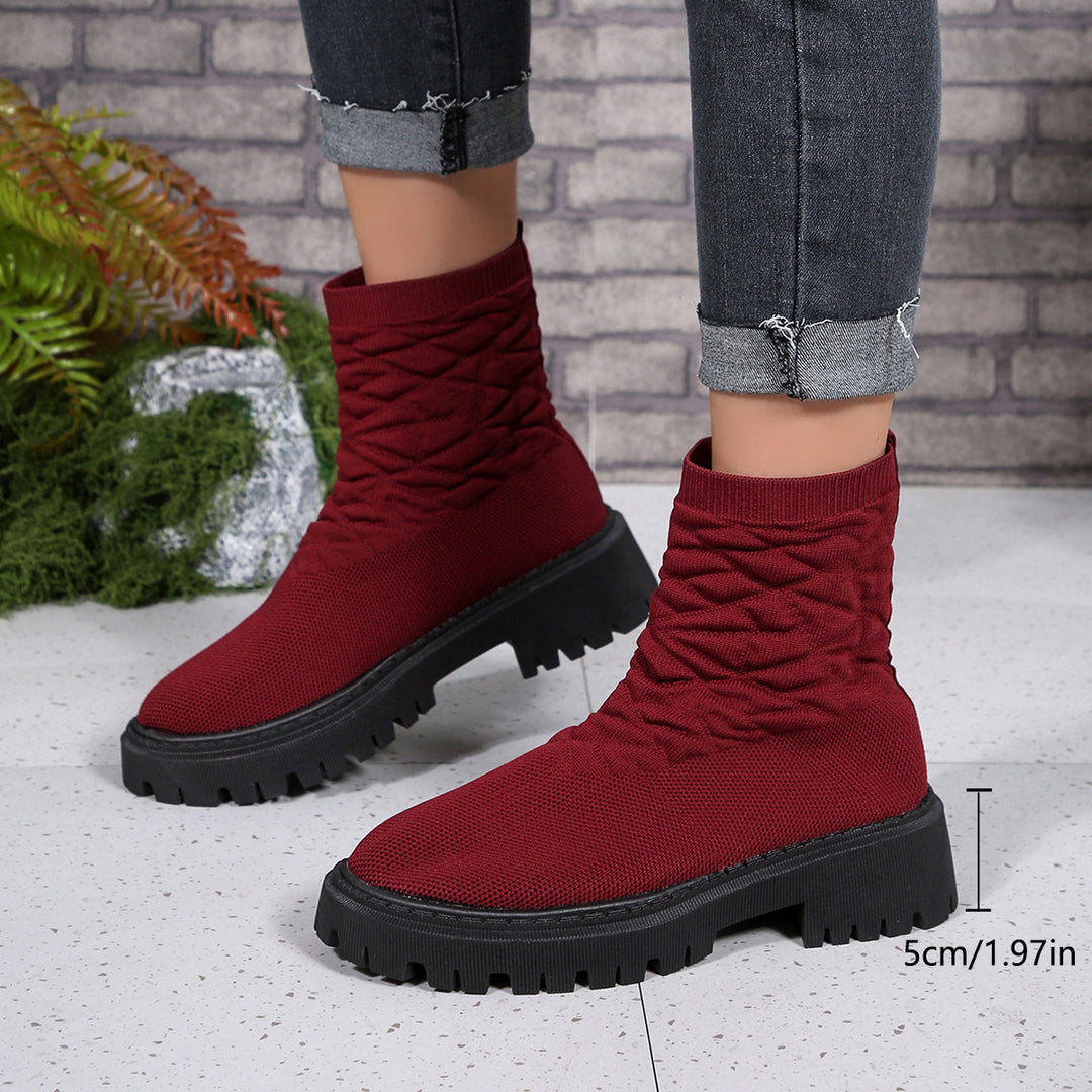 Damen Strick-Sockenboots mit geometrischer Stepp-Optik und klobiger Lug-Sohle Drune