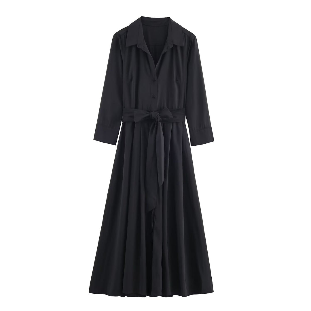 Damen Maxikleid im Hemdblusenstil mit Bindegürtel und schwingendem A‑Linienrock Drune